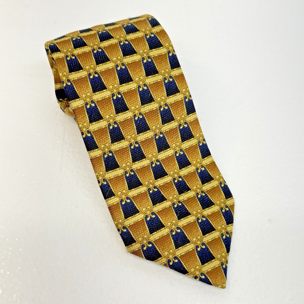 Burberry London Silk Tie Mens OS Gold Navy Blue Geometric Bell Pattern Luxury